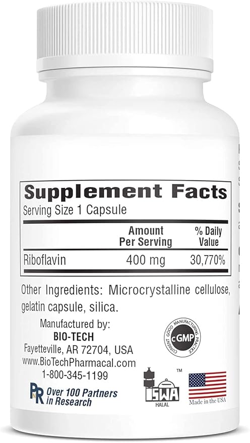 Bio-Tech Pharmacal B2-400, 100 Capsules – All-Natural Supplement – Supports Clarity and Productivity – No Dairy, Fish, Gluten, Peanut, Shellfish, GMOS, & Soy – No Artificial Colors