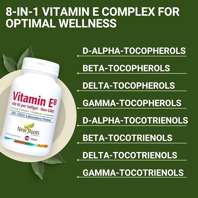 NEW ROOTS HERBAL Vitamin E 400 IU Capsules | Vitamin E8 Supplement (120 Softgels) with All 8 Types of Vitamin E | 4 Tocopherols & 4 Tocotrienols for Women & Men