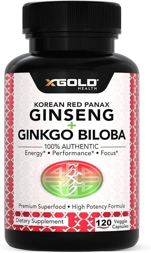 X Gold Health Korean Red Panax Ginseng + Ginkgo Biloba 7% Ginsenosides Extra Strength Energy, Memory, Focus & Brain Support Premium Supplement for Men & Women Non-GMO, 120 Vegan Capsules
