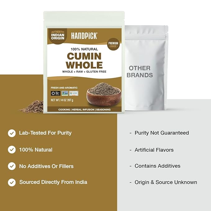 HANDPICK Cumin Seeds (397g/14oz) Non GMO, Gluten Free, 100% Raw, Sourced from India, Excellent Flavor, Aromatic, For Tempering, Spice Blends and Seasonings, Packed in Resealable Ziplock Pouch
