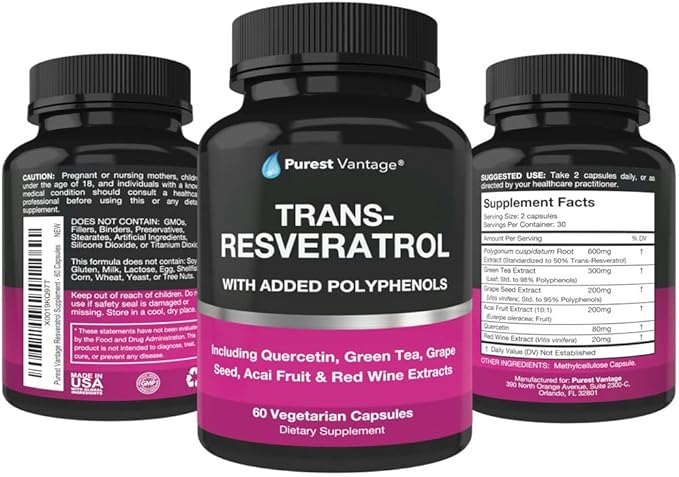 Resveratrol Supplement - Potent 1400mg Formula with Trans Resveratrol, Quercetin, Grape Seed, Green Tea, Acai and Red Wine Extract - 60 Veggie Capsules