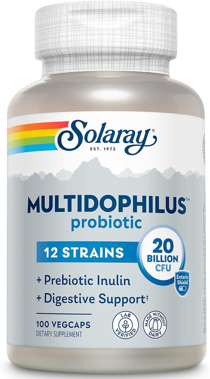 Solaray Multidophilus 12 Strain Probiotic 20 Billion CFU, Probiotics for Digestive Health for Women and Men, Daily Gut Health Support Complex with Prebiotic Inulin, No Dairy - 100 VegCaps