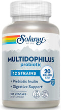 Solaray Multidophilus 12 Strain Probiotic 20 Billion CFU, Probiotics for Digestive Health for Women and Men, Daily Gut Health Support Complex with Prebiotic Inulin, No Dairy - 100 VegCaps