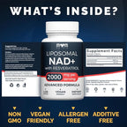 Liposomal NAD Supplement with Resveratrol - High Purity NAD Plus 2000 mg, 120 Capsules, Made in the USA - NMN Alternative