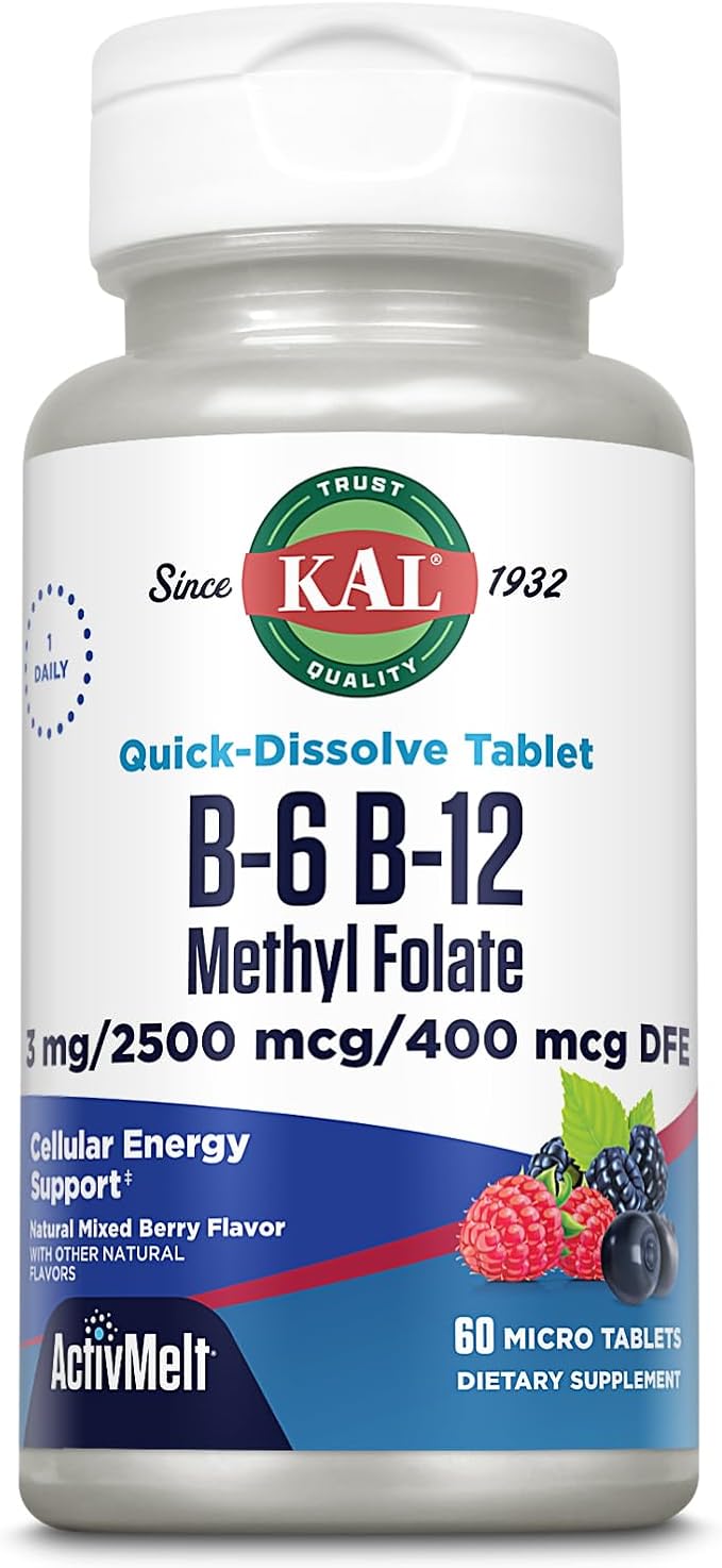 KAL Vitamin B-6 B-12 Methyl Folate ActivMelt, Vitamin B Supplement, Heart Health, Energy and Red Blood Cell Support with Methyl B12 and DFE Folic Acid, Natural Berry Flavor, 60 Servings, 60 Micro Tabs