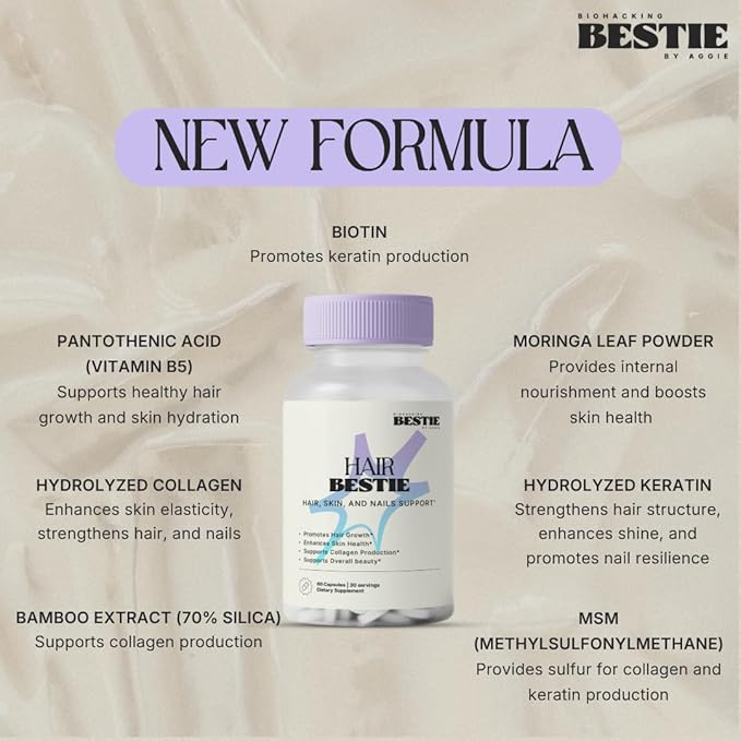 Biohacking Bestie Hair Bestie for Women & Men - Hair Growth Supplement with Biotin, Collagen, Vitamin B5, & Keratin, Support for Skin Health & Nails - 60 Capsules