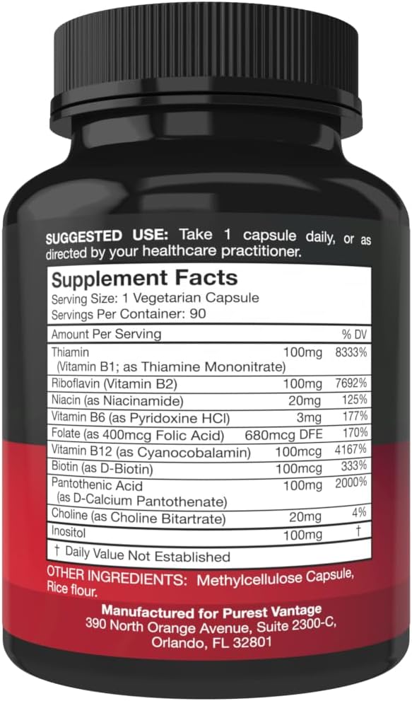 Vitamin B Complex Vitamins B12, B1, B2, B3, B5, B6, B7, B9, Folic Acid - Super B Complex Vitamins for Women, Men, Adults - 90 Vegetarian Capsules