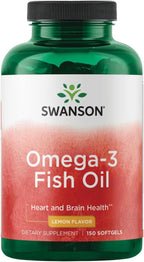 Swanson Omega-3 Fish Oil Heart, Brain, and Joint Support Supplement for Health-Conscious Adults - Lemon Flavor - 180 mg EPA + 120 mg DHA (150 Softgels)