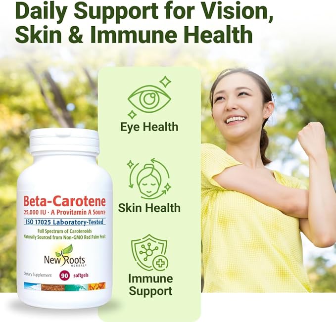 NEW ROOTS HERBAL Beta-Carotene 25,000 IU Supplements | Vitamin A (90 Softgels) | Full Spectrum of Carotenoids | Naturally Sourced from Non-GMO Red Palm Fruit + Organic Flax Seed Oil