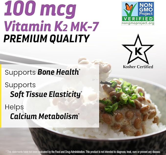 Natural Vitamin K2 MK4 & MK7 | 600 Mcg High Potency Dual Action for Bone Strength & Heart Health - Made in USA Backed by 30+ Years - Kosher & cGMP Certified, Non-GMO - 3 Month Supply