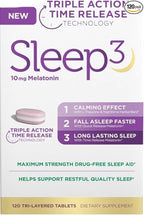 NB Sleep3 Triple Action Time Release Melatonin Sleep Aid, 10mg, Maximum Strength, Drug-Free, 120 Tri-Layered Tablets, with L-Theanine