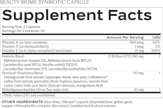 SAKARA Beauty Biome – Daily Synbiotic Supplement for Skin + Gut Health with Probiotic, Dermaval, Vitamins A, D, E, Antioxidants, Prebiotics & Enzymes – for Clear, Radiant, Hydrated Skin – 60 Capsules