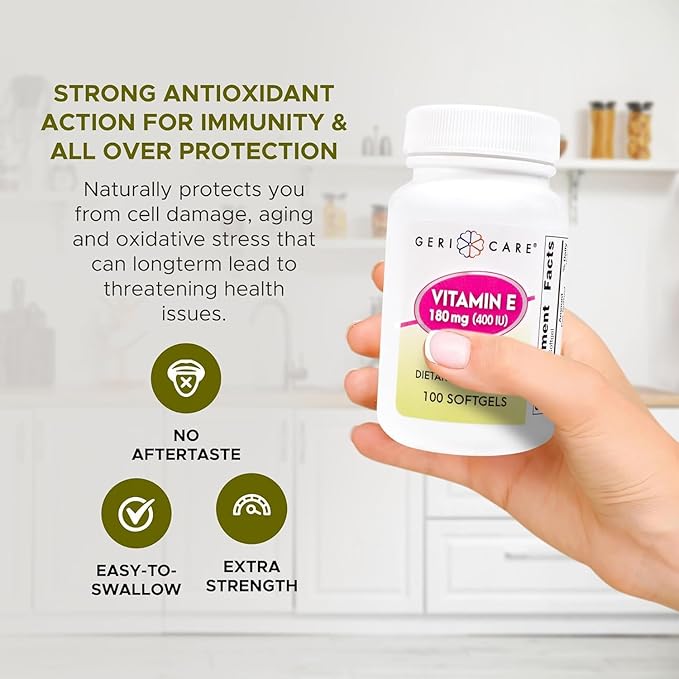 GeriCare High-Potency Vitamin E Softgels – 400 IU for Skin & Immune Support, 180mg | 100 Count | Organic Capsules Vitamin E for Women and Men (Pack of 2)