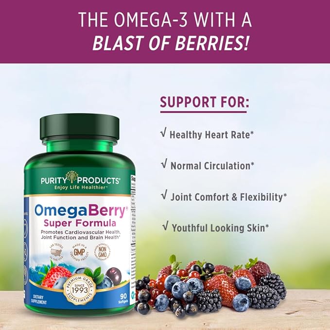 Purity Products OmegaBerry Fish Oil w/Vitamin D3 + Organic Acai Super Formula - 1875 mg of Concentrated, Molecularly Distilled, Ultra Pure Omega-3s 1080 mg EPA + 720mg DHA + 120 mg DPA - 90 Count