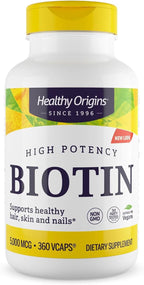 Healthy Origins Biotin 5,000 mcg (5 mg), 360 Veggie Capsules - High Potency USP Grade Vitamin B7 Supplement - Supports Healthy Hair Growth, Strong Nails & Glowing Skin - Non-GMO, Vegan & Gluten-Free