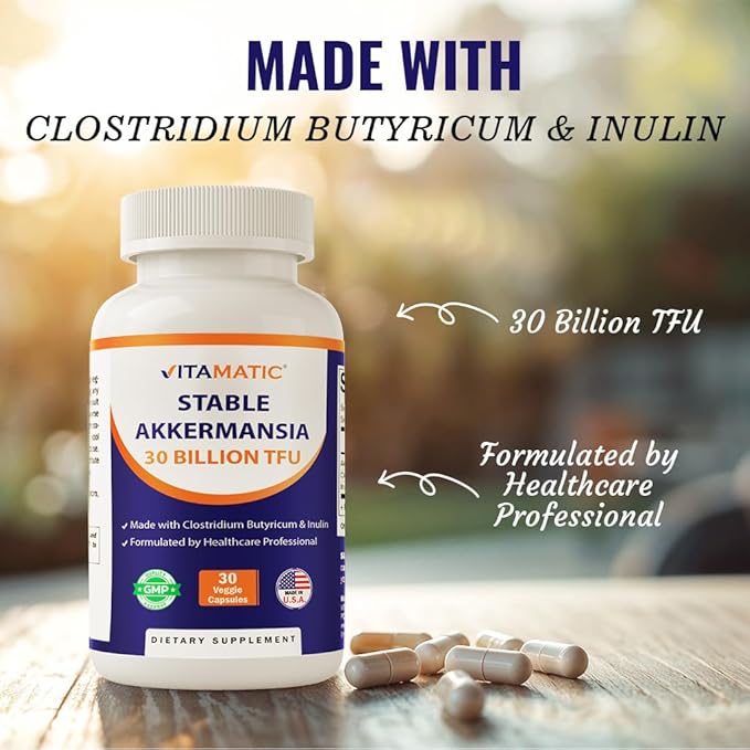 Vitamatic Akkermansia Muciniphila 30 Billion TFU + Clostridium Butyricum + Prebiotic Inulin - GLP-1 Probiotic - 30 Vegan Capsules - 30 Servings