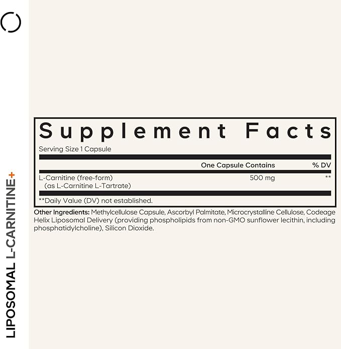 Codeage Liposomal L-Carnitine+ Supplement - 500 mg L-Carnitine L-Tartrate per Serving - Free-Form Amino Acid - Carnitine - Liposomal Delivery - Vegan, Non-GMO, Gluten-Free - 90 Capsules