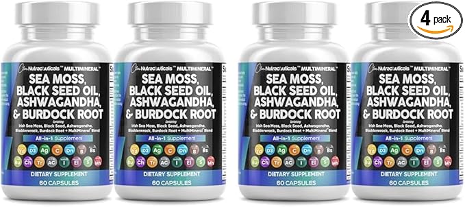 Clean Nutraceuticals Sea Moss Black Seed Oil Ashwagandha Turmeric Bladderwrack Burdock & Vitamin C Vitamin D3 with Elderberry Manuka Dandelion Yellow Dock Iodine Chlorophyll ACV - 2Pack (Pack of 2)