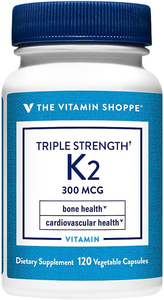 The Vitamin Shoppe Vitamin K2 MK-7 300mcg Triple Strength - Bone & Heart Health | Menaquinone-7 | 120 Vegetable Capsules | High Potency