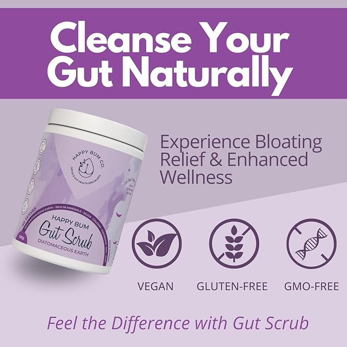 Happy Bum Gut Scrub - Diatomaceous Earth Food Grade for Humans | Mineral Powder Supports Gut Health, Bloating Relief | Rich in Silica, Zinc & Minerals for Healthy Hair, Skin, Nail - 150g