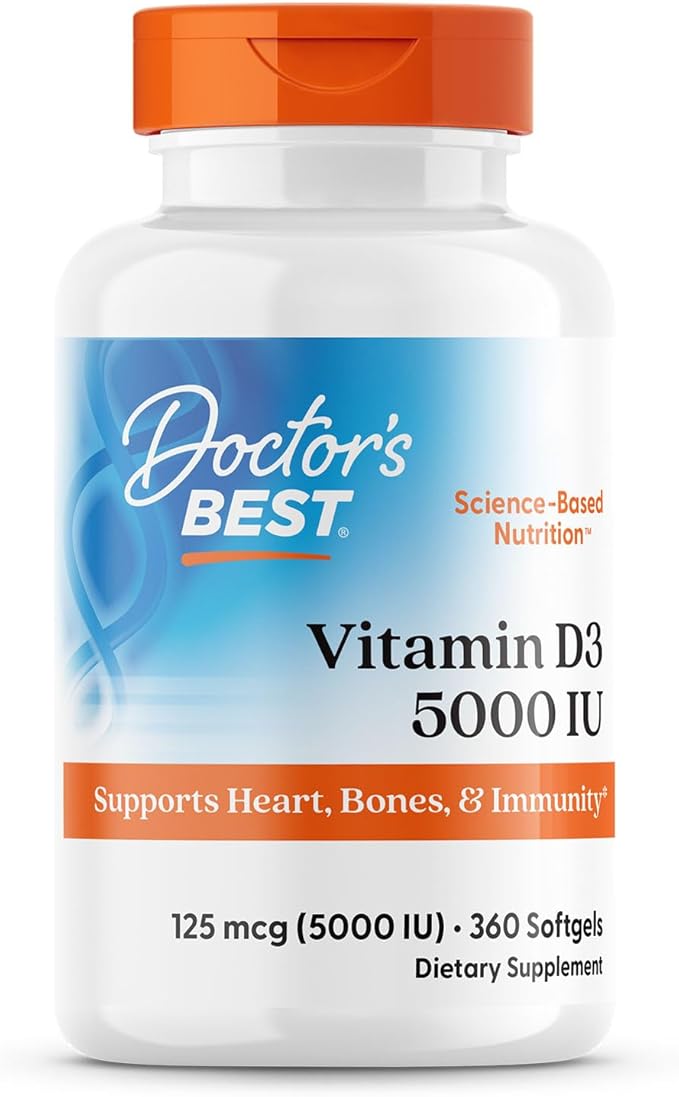 Doctor's Best Vitamin D3 5000 IU Softgels for Men & Women - Vitamin D Supplement for Immune System & Heart Health Support, 125 mcg per Serving, VIT D 3, Non GMO, Gluten Free, Soy Free - 360 Softgels