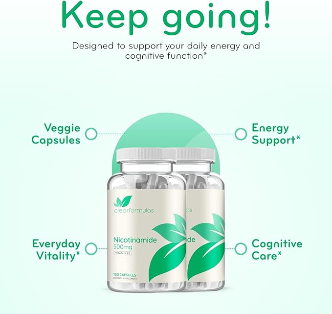 Vitamin B3 Nicotinamide 500mg - High Absorption Form of Vitamin B3 Niacin Flush Free for Hear Skin Brain and Energy Support - NAD Precursor - Made in a cGMP American Facility (360 Servings)