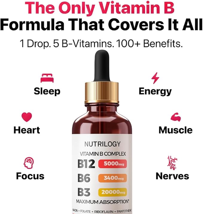 Vitamin B Complex for Men & Women - Riboflavin B2, B3, B5, B6, B12 | B-Complex Supplement - Nerve Pain, Energy, Brain & Heart Support - Made in USA, 60 Servings