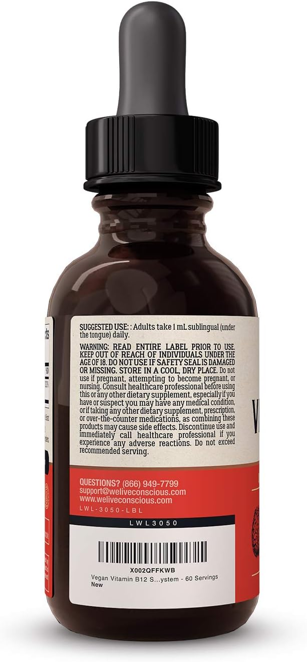Live Conscious Vegan Vitamin B12 Sublingual Liquid Drops | Methylcobalamin Max Strength B12 5000mcg Formula | Vegan B 12 Vitamin Support Energy | Promote Memory & Aid Immune System | 60 Serving