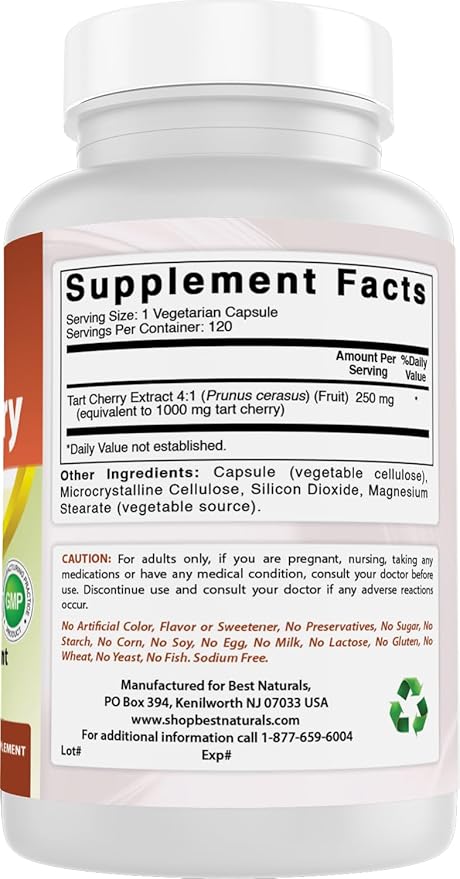 Best Naturals Tart Cherry Extract 1000 mg (Non-GMO) Veggie Capsules - Promotes Healthy Uric Acid Levels Within Normal Range, Healthy Joint Function & Promotes Healthy Sleep Cycle, 120 Count