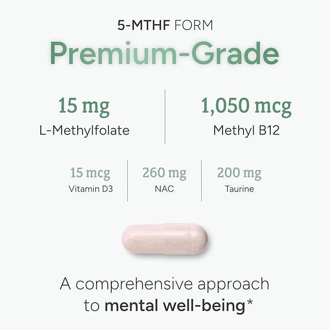 L-Methylfolate 15mg | 5-MTHF (Active B9) with Methyl B12, D3, NAC & Taurine | Premium Methylated Folate Supplement for Daily Use | Mood, Energy & Cognitive Support | 30 Capsules