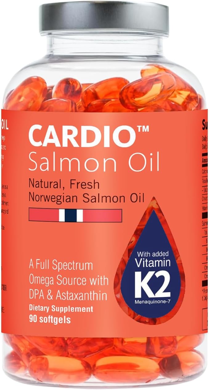 Cardio Omega 3 Fish Oil & Vitamin K2-1000mg, Norwegian Salmon Oil with EPA, DHA, DPA & Astaxanthin, No Fishy Aftertaste, Fatty Acids Supplement - 90 Capsules