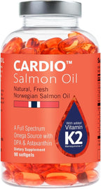 Cardio Omega 3 Fish Oil & Vitamin K2-1000mg, Norwegian Salmon Oil with EPA, DHA, DPA & Astaxanthin, No Fishy Aftertaste, Fatty Acids Supplement - 90 Capsules