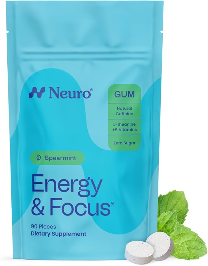 Neuro Energy & Focus Gum - 40mg Natural Caffeine Gum & Nootropic Energy Supplement with L-Theanine & B Vitamins - Sugar Free, Vegan - Spearmint, 90ct