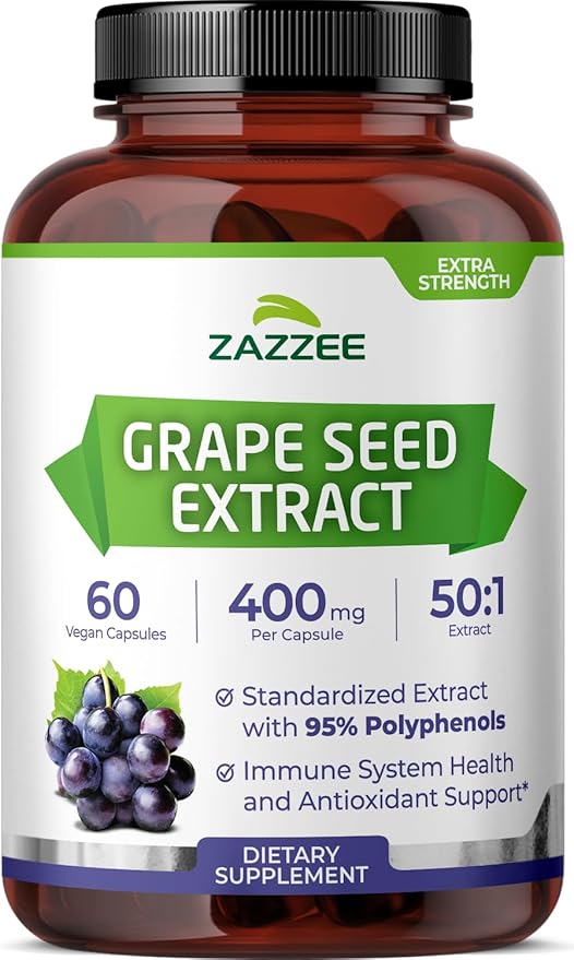 Zazzee High Strength Grape Seed 50:1 Extract, 60 Vegan Capsules, 95% Polyphenols, 400 mg per Capsule, 2 Month Supply, Antioxidant, Circulation & Blood Flow Support, Non-GMO, Made in the USA