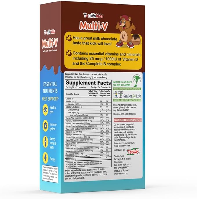 YUM-V'S Kids Multivitamin Chocolate Bears for Immune & Bone Support – 16 Kids Vitamins & Minerals with A, B Complex, Magnesium & Zinc – Daily Toddler Vitamins in Milk Chocolate – 60 Count, Pack of 1