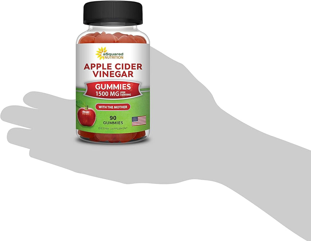 aSquared Nutrition Apple Cider Vinegar Gummies - 1500mg Per Serving - with The Mother - 90 ACV Gummies w/Vitamin B6 & B12, Folic Acid - Vegan Gummy Supplement Alternative to Capsules Pills & Drink