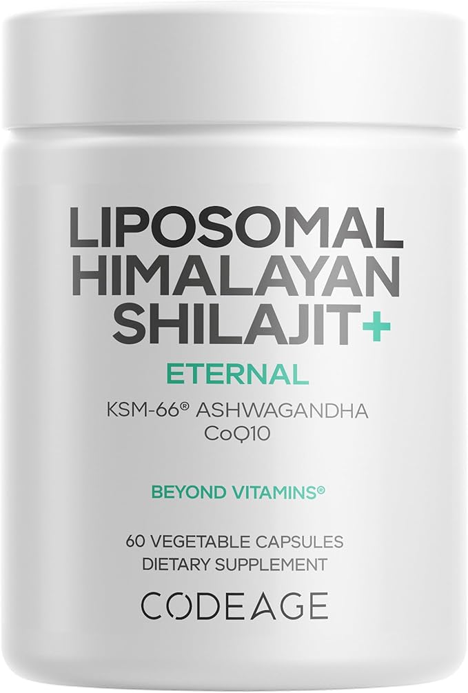Codeage Liposomal Himalayan Shilajit+ Supplement - 500 mg Shilajit, KSM-66 Ashwagandha, CoQ10, Fulvic Ionic Minerals, Calcium, Magnesium, BioPerine - Liposomal Delivery - Non-GMO - 60 Capsules