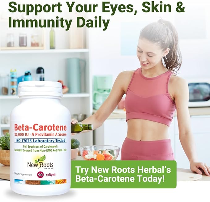 NEW ROOTS HERBAL Beta-Carotene 25,000 IU Supplements | Vitamin A (90 Softgels) | Full Spectrum of Carotenoids | Naturally Sourced from Non-GMO Red Palm Fruit + Organic Flax Seed Oil