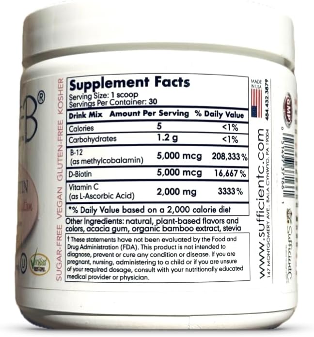 Sufficient-C Abundant-B High-Dose Methyl B-12 and Biotin Pink Lemonade Energy Drink Mix Solution - Flavor w/Function in Each Refreshing sip!