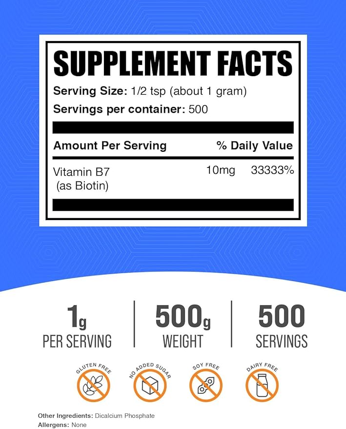 BulkSupplements.com Biotin 10000mcg Powder - Vitamin B7, Vitamins for Hair, Skin, and Nails - Gluten Free, 1g per Serving (10mg Biotin), 500g (1.1 lbs) (Pack of 1)