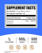 BulkSupplements.com Biotin 10000mcg Powder - Vitamin B7, Vitamins for Hair, Skin, and Nails - Gluten Free, 1g per Serving (10mg Biotin), 500g (1.1 lbs) (Pack of 1)