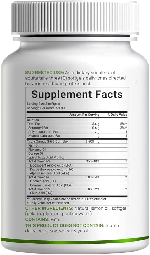 Triple Omega 3-6-9 Fish Oil Supplements 3,600mg – 240 Softgels with Flaxseed Oil & Borage Oils Complex – High EPA + DHA – Burpless Pills, Lemon Flavored, Wild Caught – Heart, Joint, & Brain Support