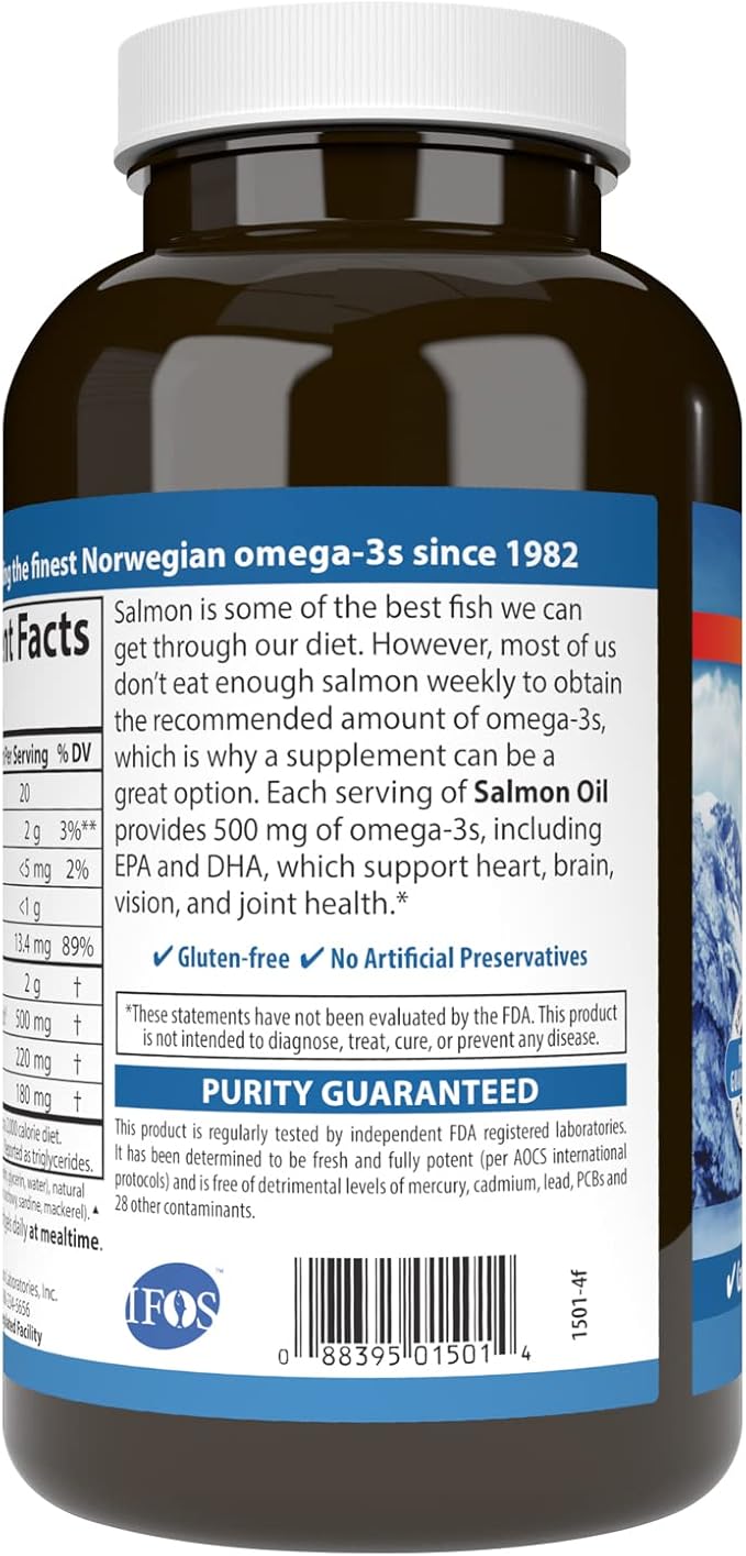 Carlson Salmon Oil, 500mg Omega-3s, Norwegian Wild-Caught Fish Oil, Sustainably Sourced, 180 Softgels