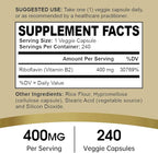 Riboflavin Vitamin B2 Supplement - B-2 Vitamin - Boosts Energy Metabolism & Cellular Function - Daily Nutritional Supplements for Men & Women - 400 mg Capsules - 240 Count