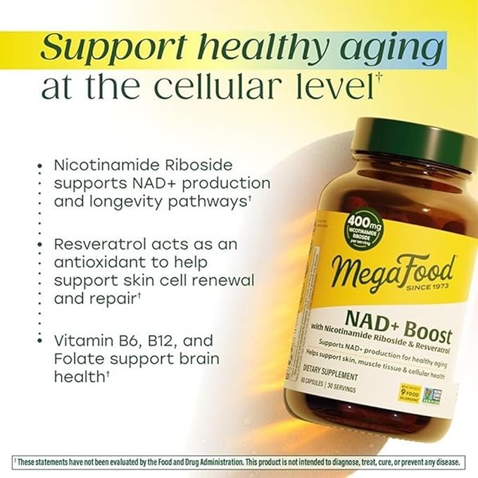 MegaFood NAD+ Supplement with Nicotinamide Riboside & Resveratrol - NMN Supplement Alternative - Vitamin B12, B6, Methylfolate & Niacin - NAD for Healthy Aging - Non-GMO - 60 Capsules, 30 Servings