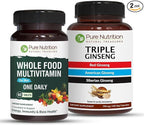 Pure Nutrition Whole Food Multivitamin for Men and Triple Ginseng 790mg form a powerful combo to support support energy, strength and overall wellness. Multivitamin for men 60 Tabs + Triple Ginseng 12