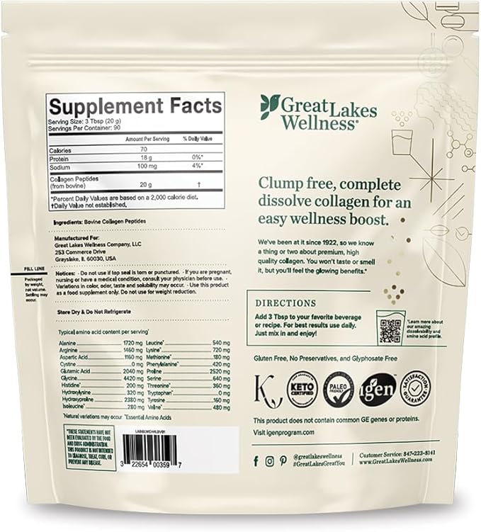 Great Lakes Wellness Collagen Peptides Powder – Supports Skin, Hair, Nails, Joints & Digestion – Hydrolyzed, Quick Dissolve, Non-GMO, Keto & Kosher – Pure Collagen Protein (64 oz, 90 Servings)