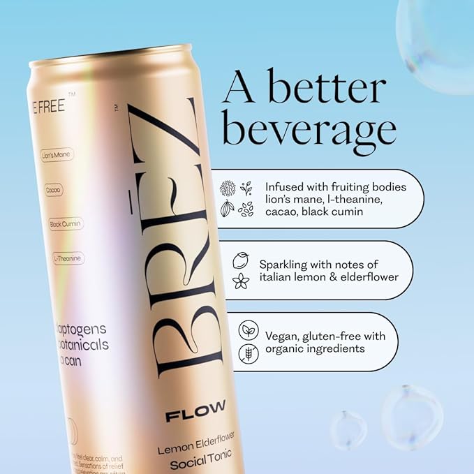 BRĒZ FLOW Lion’s Mane Mushroom Drink 48 Pack, Lemon Elderflower, Supports Mood & Focus, Non-Alcoholic Sparkling Adaptogen Drink, Functional Mushrooms, Feel Clear, Calm & Refreshed- 12 Fl oz Cans