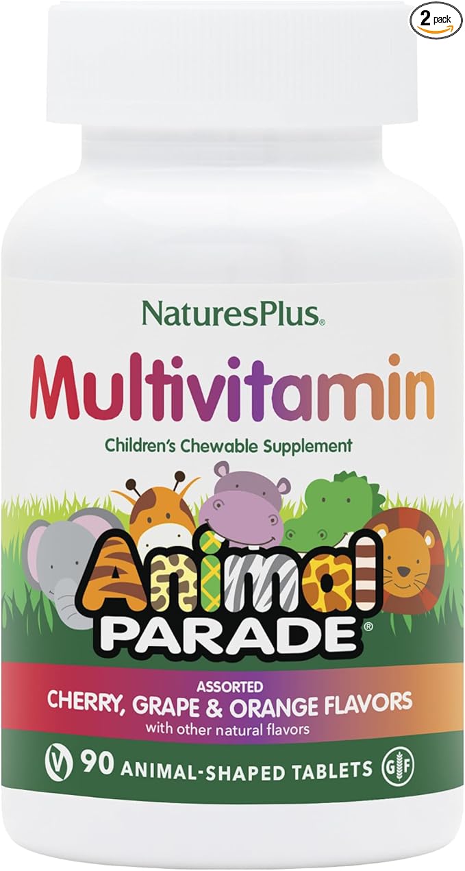 NaturesPlus Animal Parade Children's Chewable Multivitamin - 90 Animal-Shaped Tablets, Pack of 2 - Natural Assorted Flavors - Vegan, Gluten Free - 90 Total Servings