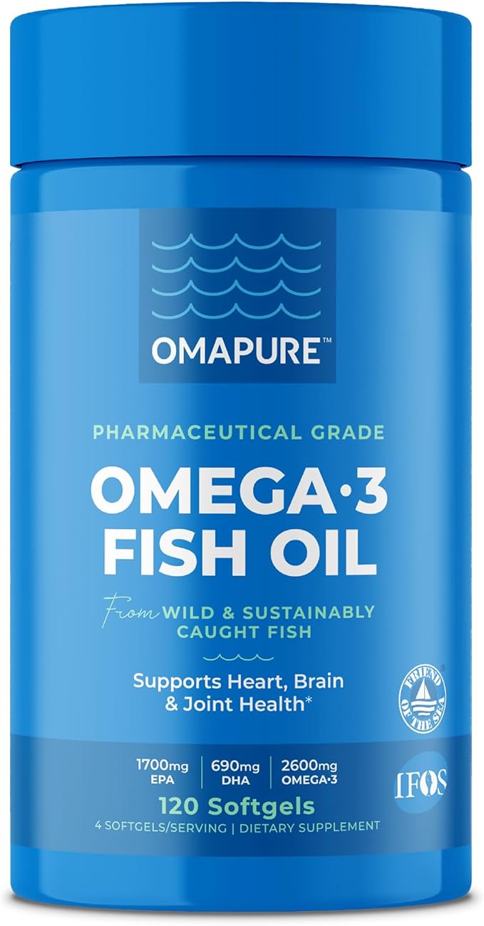 OMAPURE Fish Oil Supplements with Omega 3 Fatty Acids (1 Bottle, 120 Softgels) - High EPA, DHA, & IFOS Fish Oil Pills Support Heart & Joint Health - Burpless Fish Oil Promotes Brain Function
